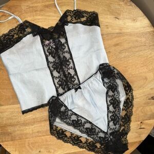 Vintage 70s Fredericks of Hollywood Blue Satin Lace Pajama Set Sexy Size Large